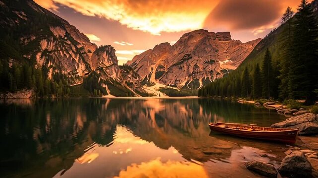 Serene Lake Braies: Mountain Reflections and Golden Sunset Glow