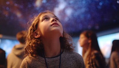 Young girl looking up with wonder in a vibrant outdoor setting during evening