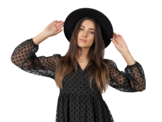 Young woman wearing black polka dot dress and hat, posing with hands near head isolated isolated on transparent background
