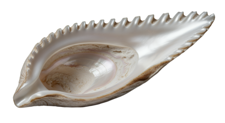 Macro realism of a natural seashell fragment, highlighting highly detailed serrated edges and a shimmering pearlescent interior, isolated on transparent background