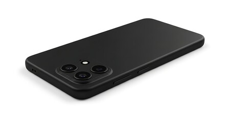 Sleek Black Smartphone with Triple Camera Module on White Background Modern Mobile Technology and Gadget Photography