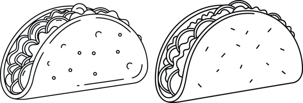 Line illustration depicting two savory Mexican tacos filled with a blend of meat and vegetables