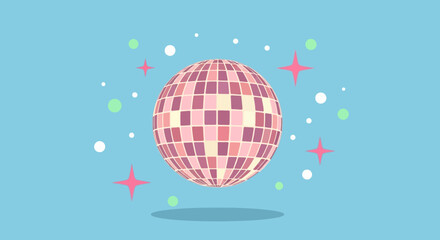 A vibrant and playful illustration of a sparkling pink disco ball floating amidst stars and confetti, perfect for parties and celebrations