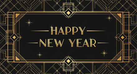 Luxury Art Deco New Year's Eve Banner. Elegant golden geometric border frame with serif typography on black, perfect for invitations & announcements