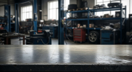Black metal table surface in a car repair workshop Blurred background shows the shop interior with t 15310198 1