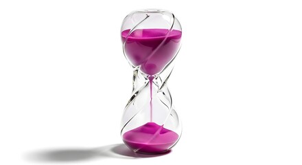 Modern Glass Hourglass with Vibrant Pink Sand Flowing Symbolizing Time Passing and Management Isolated on White Background
