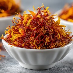 Fototapeta premium Vibrant saffron threads in white porcelain pinch bowl on white background for premium gourmet food mockup e-commerce packaging and culinary display