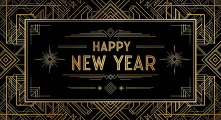 Black and Gold New Year Banner Template. Sophisticated Art Deco design with geometric patterns, diamonds, and elegant typography for a festive celebration