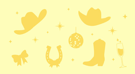 Obraz premium A festive collection of yellow country western party icons including a disco ball, cowboy hats, boots, and champagne for a celebration