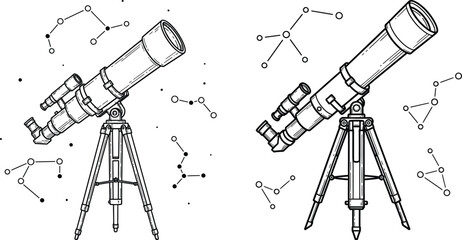 Pair of astronomical telescopes on sturdy tripods with abstract constellation patterns, symbolizing space exploration and learning