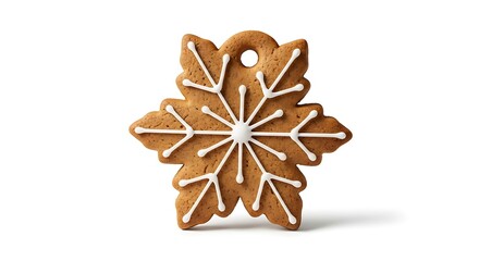 Festive Snowflake Gingerbread Cookie Decorated with White Icing on White Background Holiday Baking and Christmas Decoration Concept