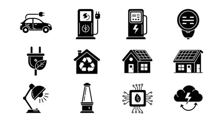 A versatile set of solid glyph icons representing green energy concepts, including electric cars, solar power, and sustainable technology innovation