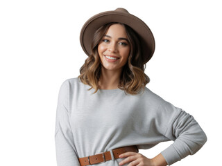 Young smiling woman wearing a hat and sweater with a belt, isolated on black background isolated on transparent background