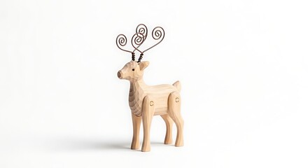Charming Wooden Reindeer Figurine with Swirling Wire Antlers on White Background Festive Holiday Decor