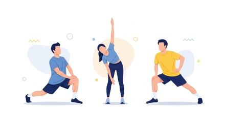 Group of Three Young People Doing Stretching Exercises in Casual Sportswear in Bright Studio