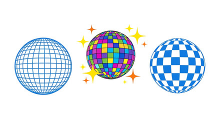 Vector set of stylized globes and a sparkling disco ball. Includes wireframe, checkered, and colorful mirror ball designs for party or tech themes