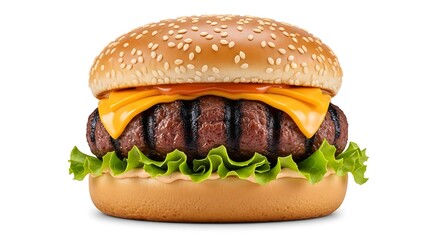 Delicious Grilled Cheeseburger with Melted Cheese and Lettuce on a Sesame Seed Bun Isolated on White Background