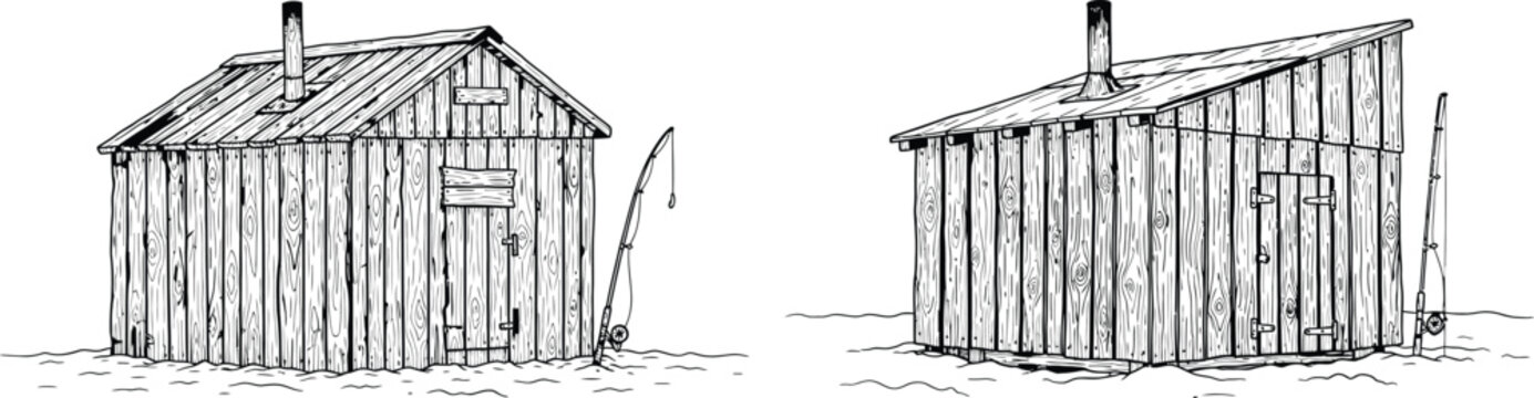 Rustic wooden fishing hut or shack with a chimney and leaning fishing rod, standing on water