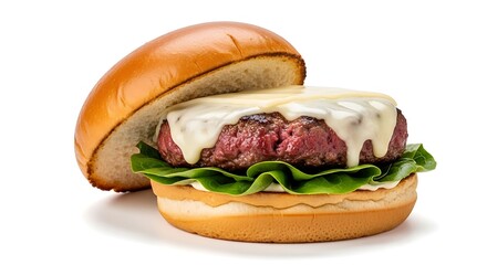 Delicious Cheese Burger on a Bun with Lettuce Melted Cheese and Beef Patty Studio Shot
