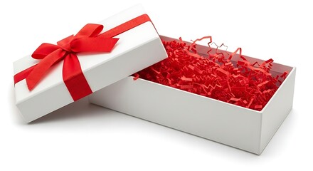 Open White Gift Box with Red Ribbon and Shredded Paper Filling Ready for Surprise Present