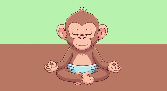 A cute cartoon baby monkey in a diaper meditates in a yoga lotus pose, symbolizing zen, calm, and mindfulness for spiritual wellness