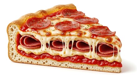Delicious Cross Section Slice of Pepperoni Pizza with Melted Cheese Pull and Layered Meats