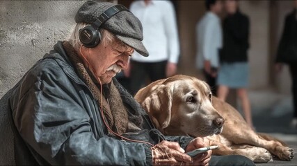 Serene Moment with Companion: An elderly gentleman finds solace in technology, his faithful dog by his side, both lost in a moment of quiet connection, the city bustle fades into background.