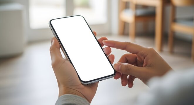 Person holding a modern smartphone with a blank white screen using mobile app for mockup and adverti