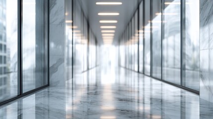 Blurred modern office corridor featuring expansive windows, polished marble flooring, soft illumination, conveying professional, minimalist workspace environment. High quality
