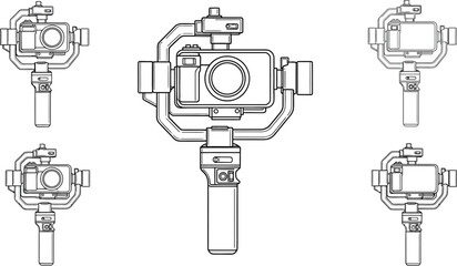 Detailed line art of camera stabilizers showcasing various perspectives and features