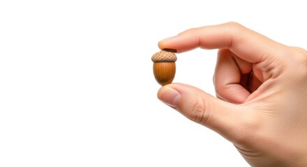 Close up of a human hand holding a single brown acorn between the thumb and forefinger isolated on white background