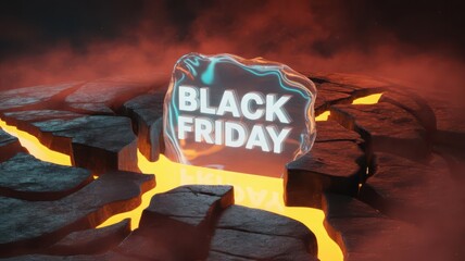Black friday sale sign on cracked ground with lava flowing beneath