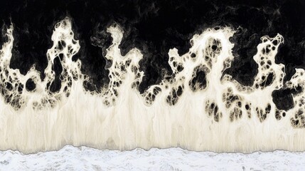 Abstract pattern of black ink swirling into white foam and waves.