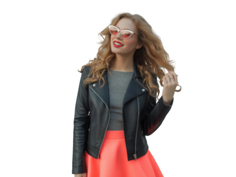 Young woman with blonde curly hair wearing a leather jacket and pink skirt and sunglasses isolated on transparent background
