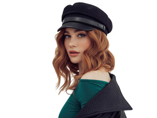 Stylish young woman with ginger hair and freckles wearing a black cap and green top isolated on transparent background