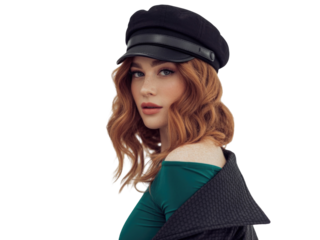Stylish young woman with ginger hair and freckles wearing a black cap and green top isolated on transparent background