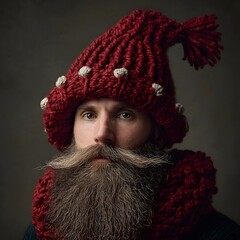 Portrait of Person in Red Knitted Hat With Elaborate Mustache