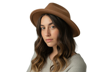 Woman wearing a brown fedora hat and sweater, looking directly at the camera. isolated on transparent background