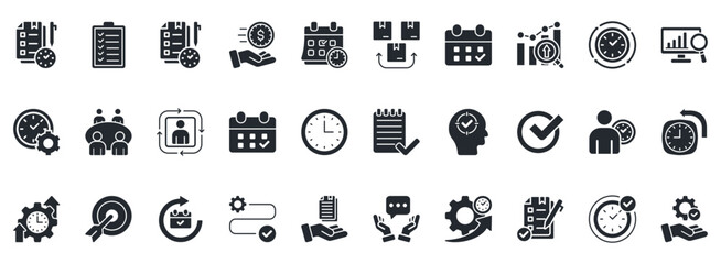 Time Management Icon Set. Contains Icons That Are Relevant For Business. Designed In Vector Glyph Style