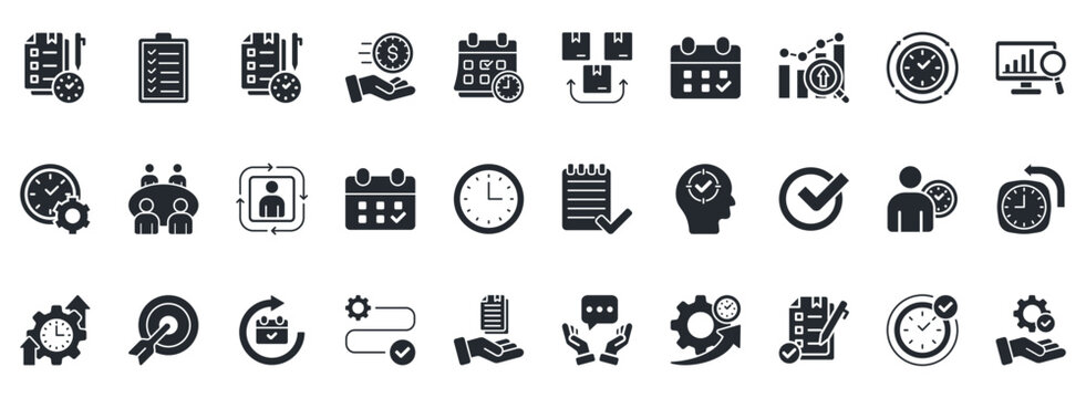Time Management Icon Set. Contains Icons That Are Relevant For Business. Designed In Vector Glyph Style