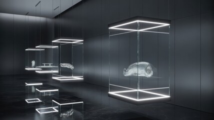 Illuminated display cases showcasing various objects in a dark room