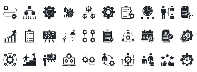 Workflow Icon Set. Contains Icons That Are Relevant For Business. Designed In Vector Glyph Style
