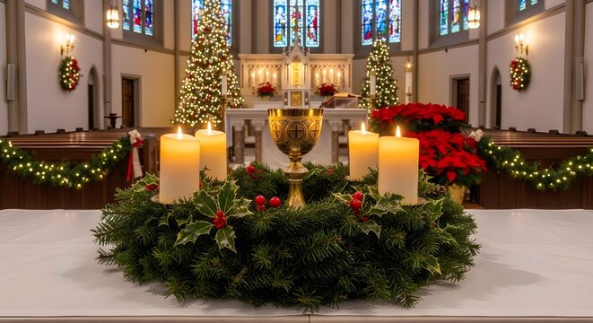Traditional Advent wreath with lit candles inside a decorated church during the Christmas season. isolated PNG with Transparent Background