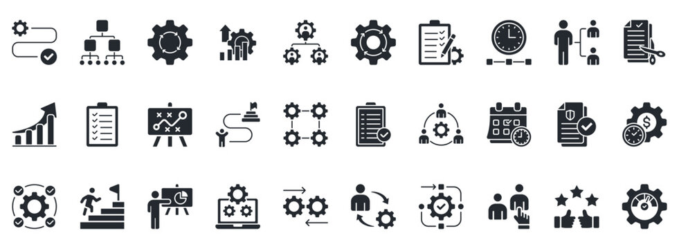 Workflow Icon Set. Contains Icons That Are Relevant For Business. Designed In Vector Glyph Style