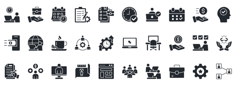 Freelance Icon Set. Contains Icons That Are Relevant For Business. Designed In Vector Glyph Style