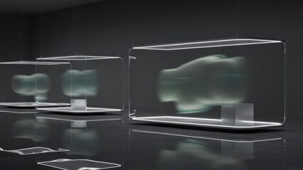 Abstract art installation featuring translucent cubes in a dark room