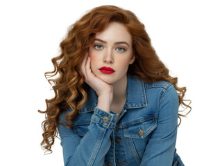 Portrait of young woman with red curly hair and denim jacket, looking thoughtfully isolated on transparent background