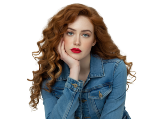 Portrait of young woman with red curly hair and denim jacket, looking thoughtfully isolated on transparent background