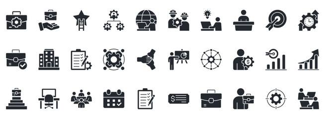 Work Icon Set. Contains Icons That Are Relevant For Business. Designed In Vector Glyph Style
