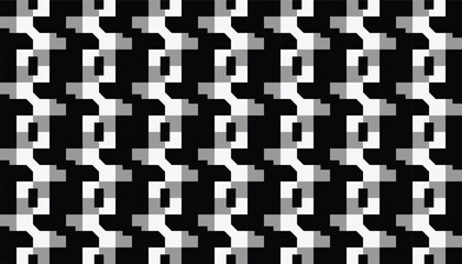 Monochrome Pixel Block Pattern. A repeating pattern of pixel-style geometric blocks in black, white, and gray, forming a striking and structured visual rhythm